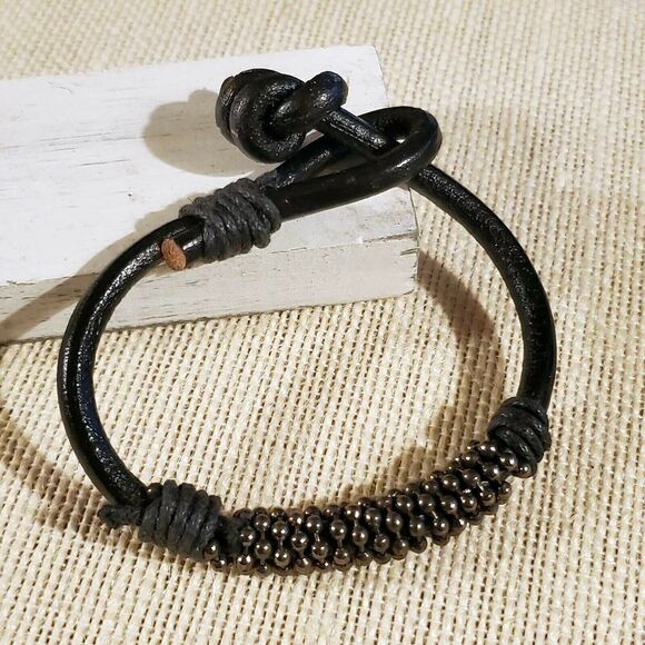 Hand Crafted Jewelry - Thick Black Goat Leather Vintage India Hand Crafted Gunmetal Beads Bracelet